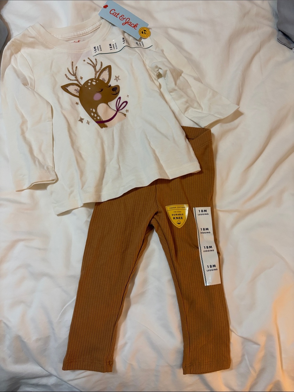 Cat & Jack Cream Christmas reindeer Top Tan Ribbed Leggings
